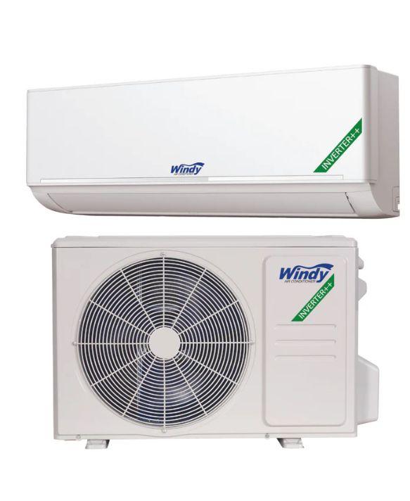 Split-type air conditioning unit with wall-mounted indoor unit and outdoor compressor labeled Windy Inverter+