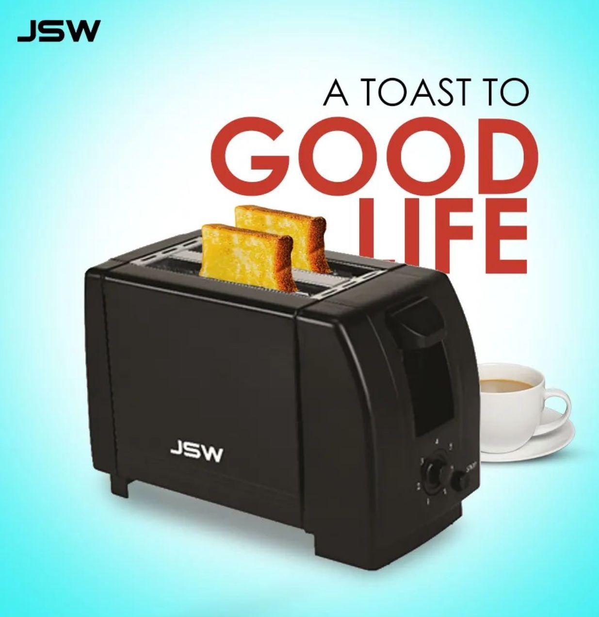 Black toaster with toast and coffee cup, with text 'A Toast to Good Life'.