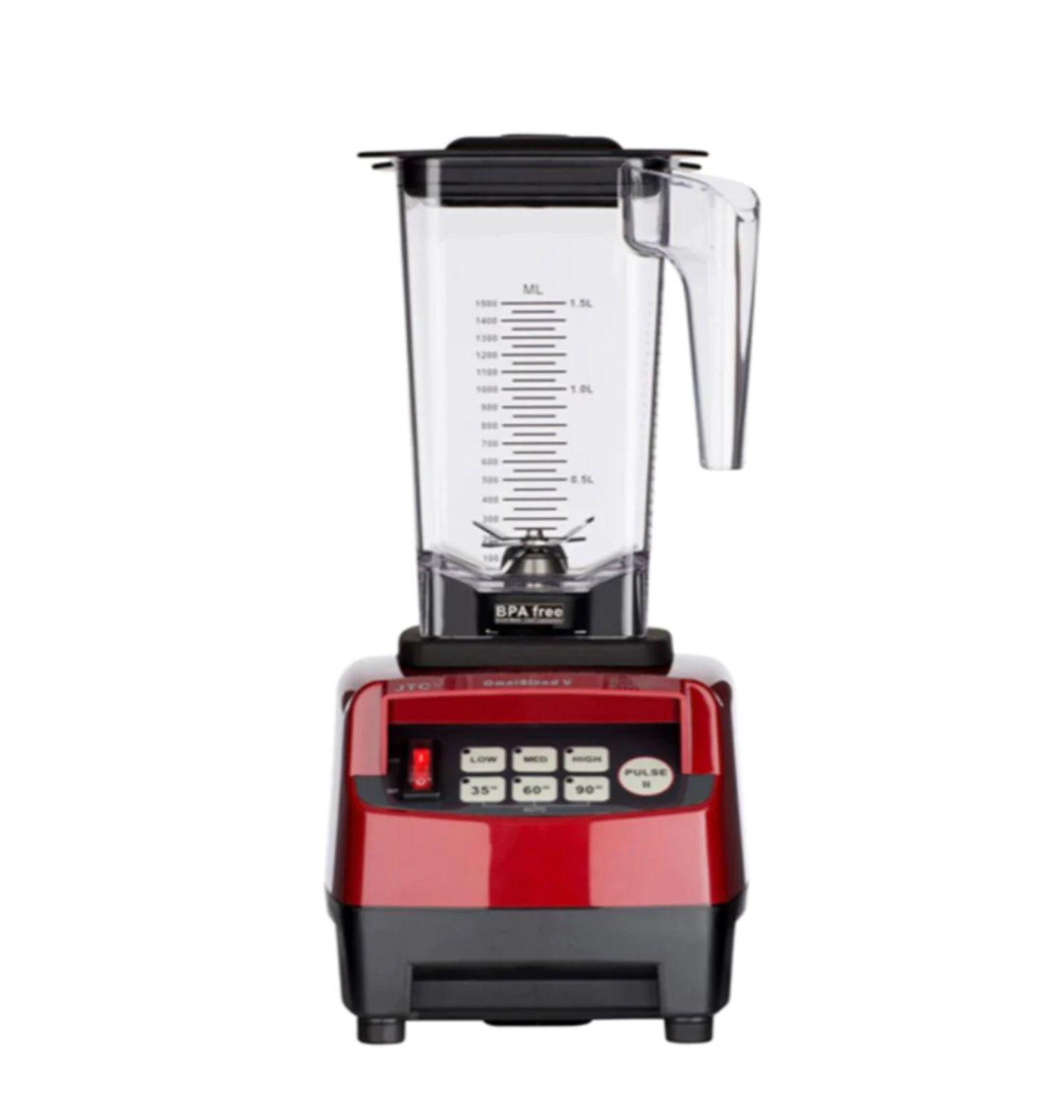 Red countertop blender with transparent pitcher and various control settings on the base.