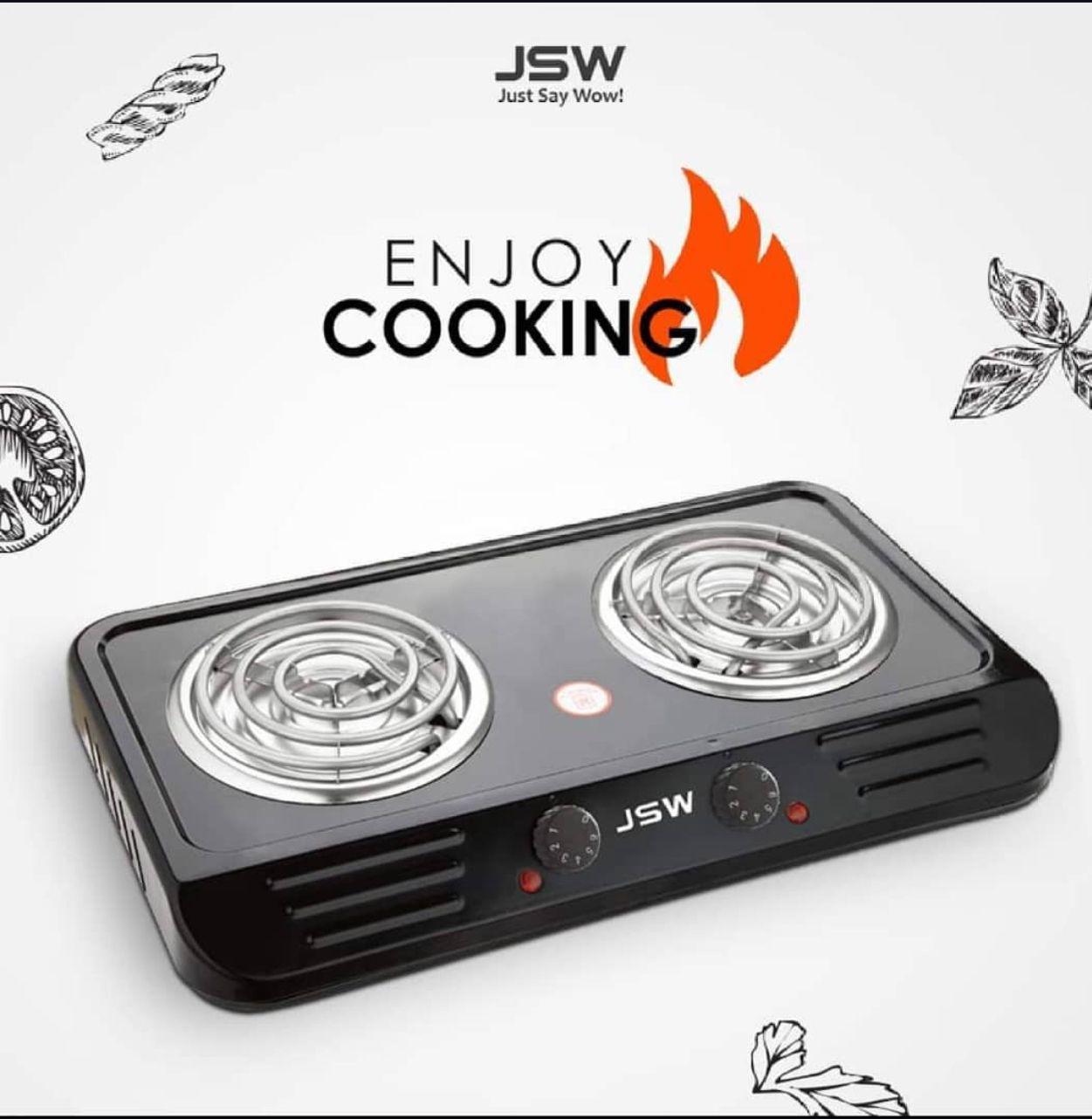 JSW branded double burner electric stove with the text 'Enjoy Cooking' and decorative food illustrations.