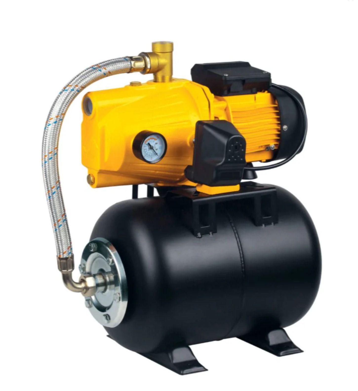 Yellow water pressure pump with black tank and attached metal hose.