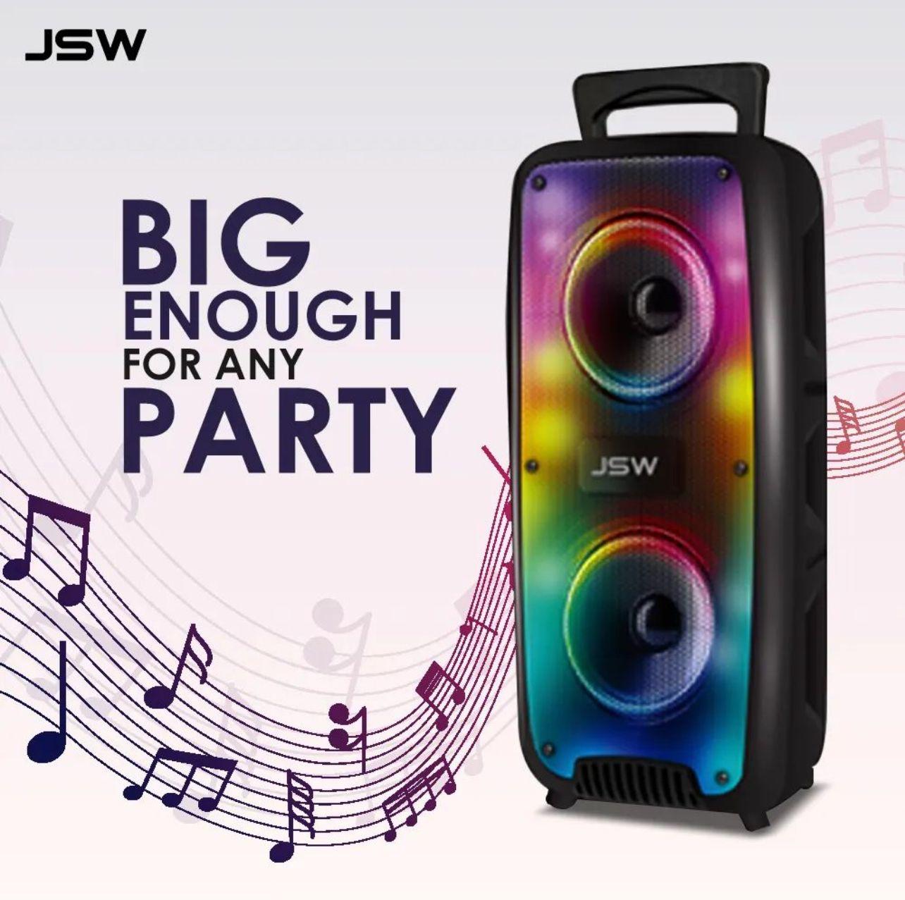 Colorful JSW party speaker with musical notes and 'Big Enough for Any Party' text.