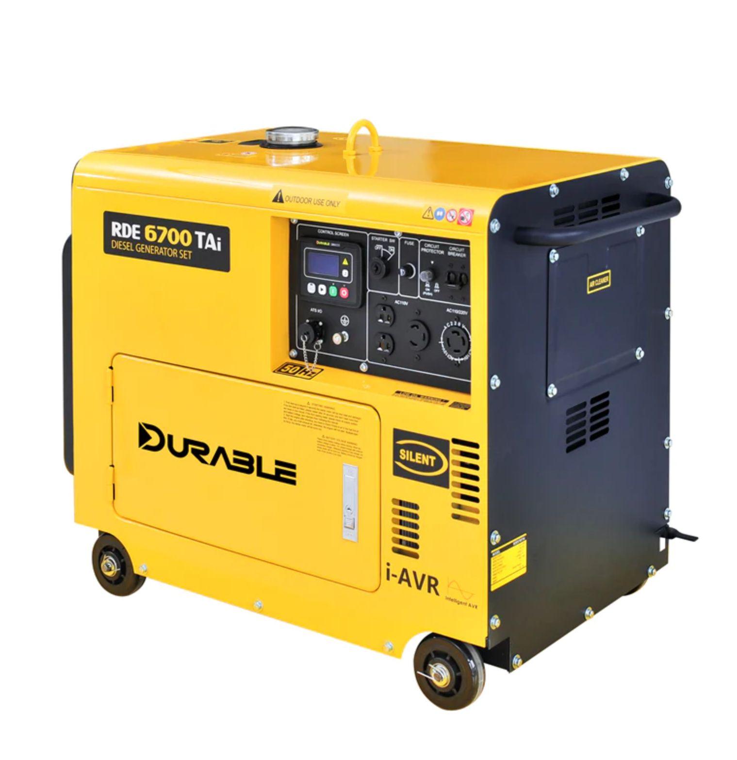 Yellow diesel generator with control panel and wheels, labeled RDE 6700 TAi and Silent.