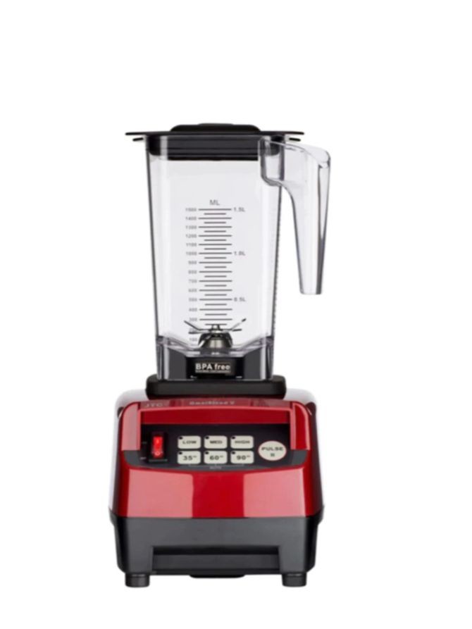 Red countertop blender with a clear pitcher and control buttons on the base.