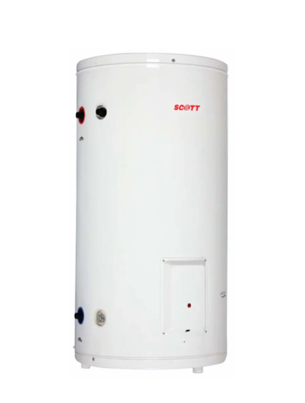 White cylindrical Scott water heater with various valves and connectors, designed for domestic hot water systems.