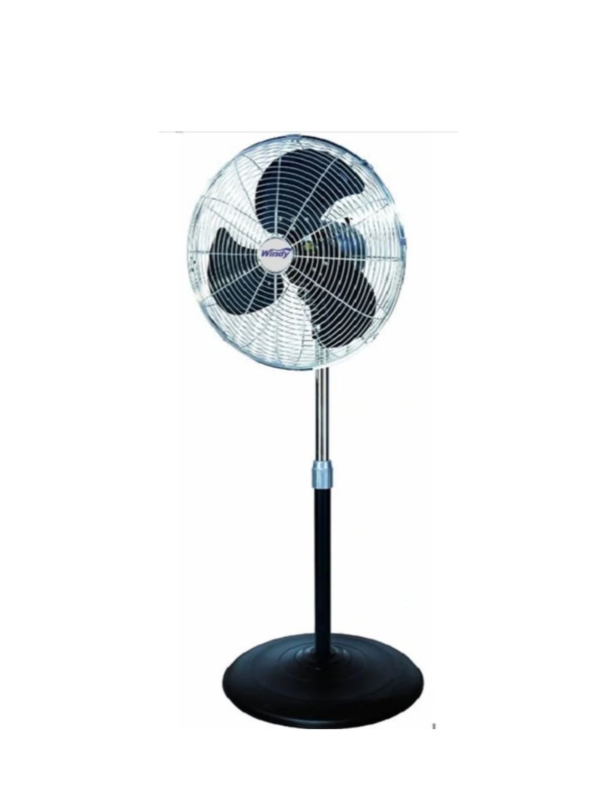 Black pedestal fan with a round metal grille and adjustable height stand.