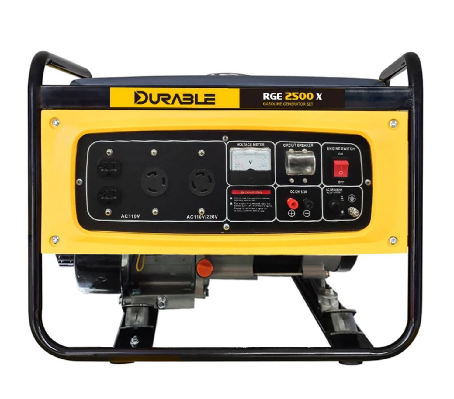 Front view of a yellow gasoline generator featuring multiple power outlets and control switches.