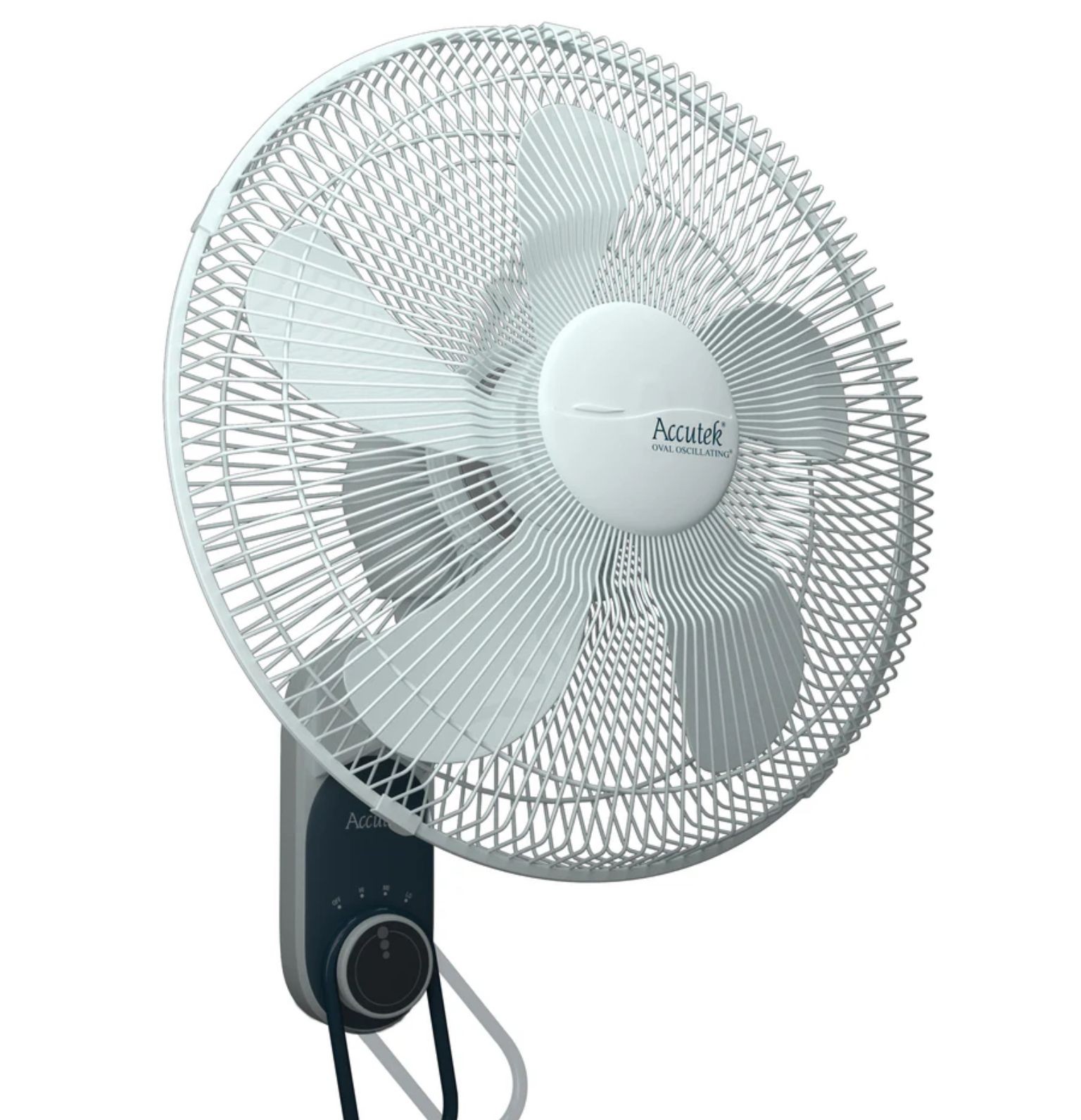 White wall-mounted oscillating fan with mesh grill and control panel.