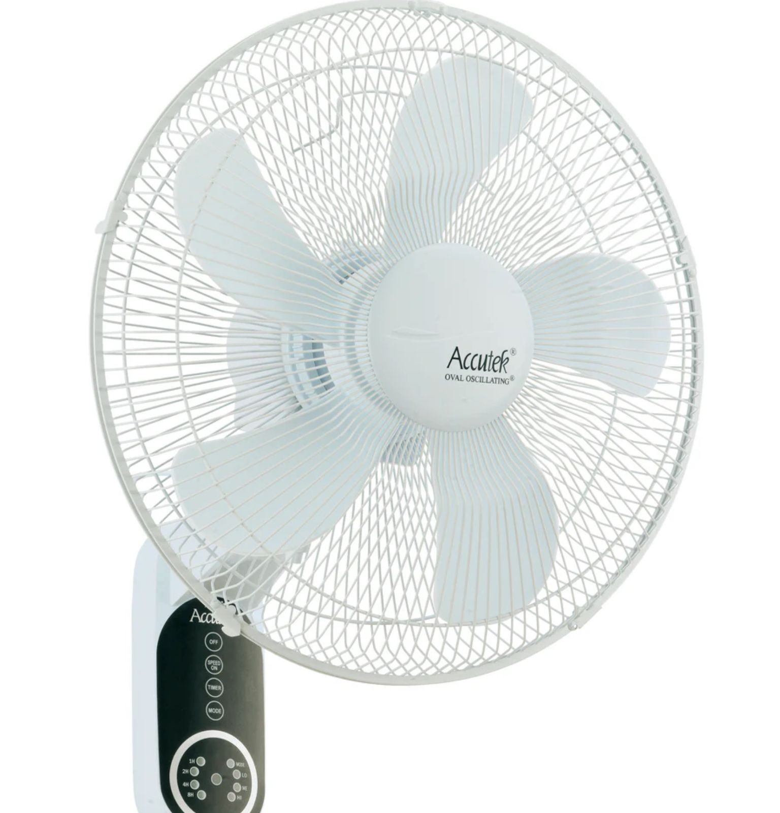White oscillating wall fan with five blades and control panel at the base.