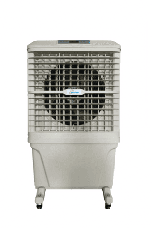 Portable air cooler with a large fan and adjustable grilles on wheels, in a white finish.