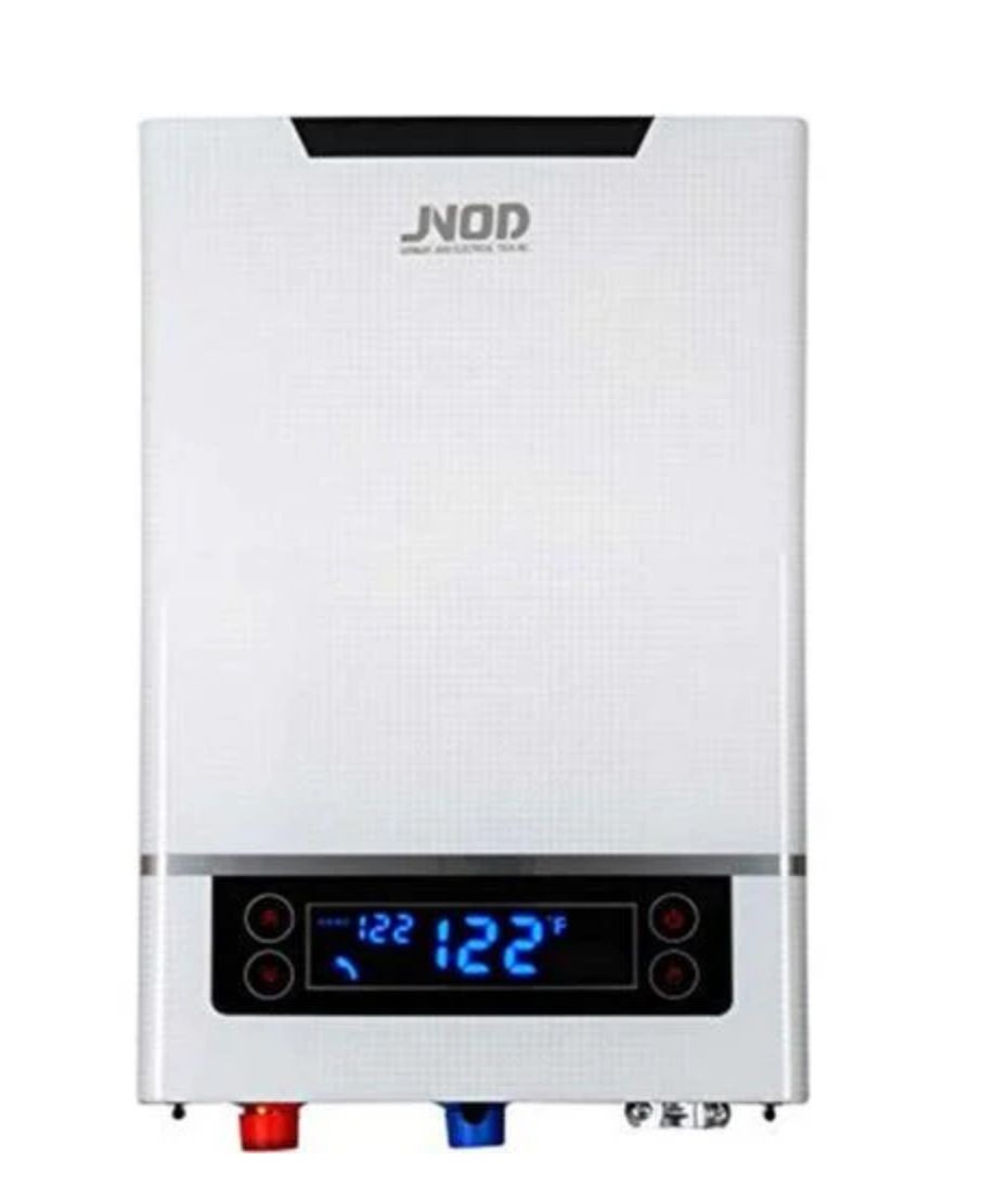 White electric water heater with digital temperature display reading 122°F and control buttons.