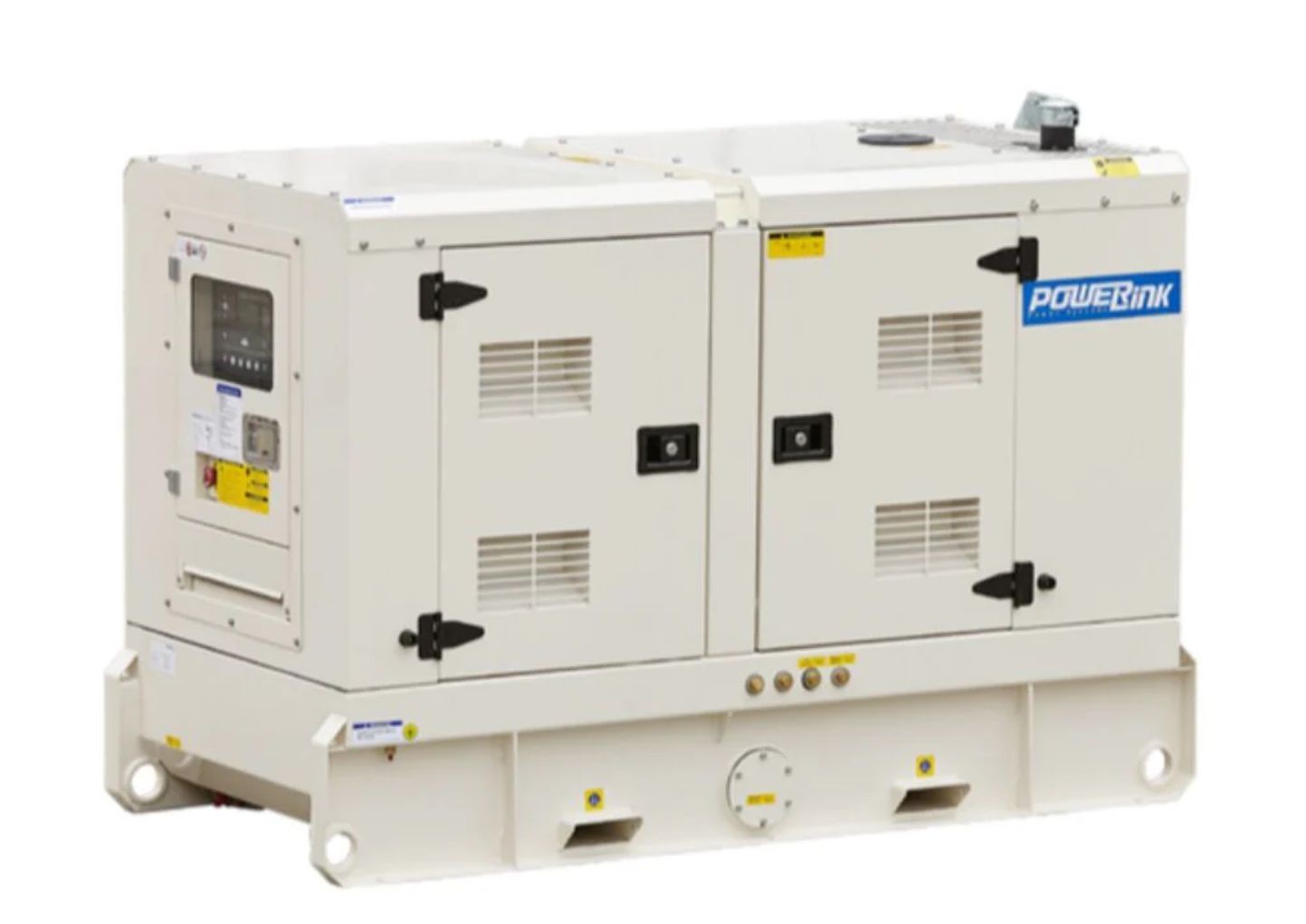 White industrial generator with ventilation panels and control panel on the side.