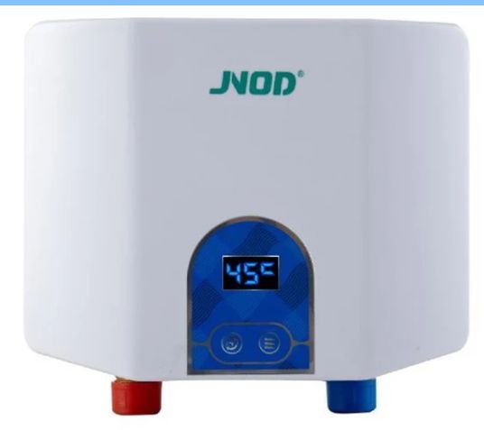 Digital water heater with temperature display and red and blue inlet/outlet connections.